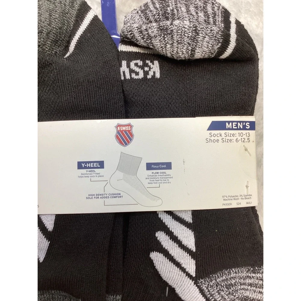 K-Swiss Mens 6 Pair Performance Quarter Socks Black Grey Shoe Size 6-12.5 NEW‎